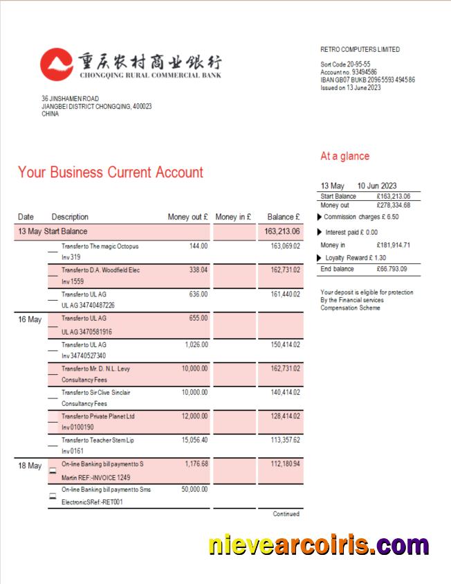 Chongqing Rural Commercial Bank firm account statement